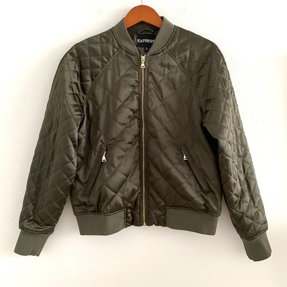 Express Jackets & Blazers - Express Satin Quilted Bomber Jacket Olive Green